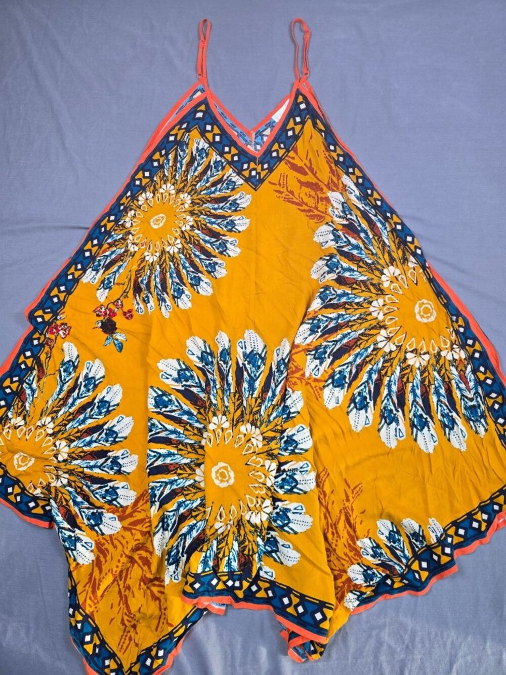 Jealous Tomato S Yellow & Blue Boho Feathers Floral Handkerchief Dress Sundress